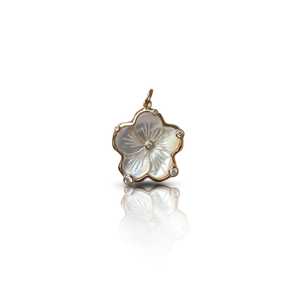 14k Mother of Pearl Flower Bezel Diamond Charm