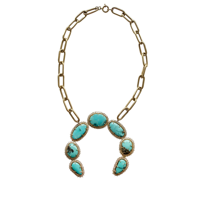 14k Turquoise Baguette Squash Blossom Necklace