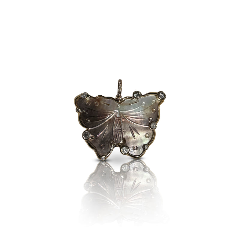 14k Carved Mother of Pearl Butterfly Diamond Pendant