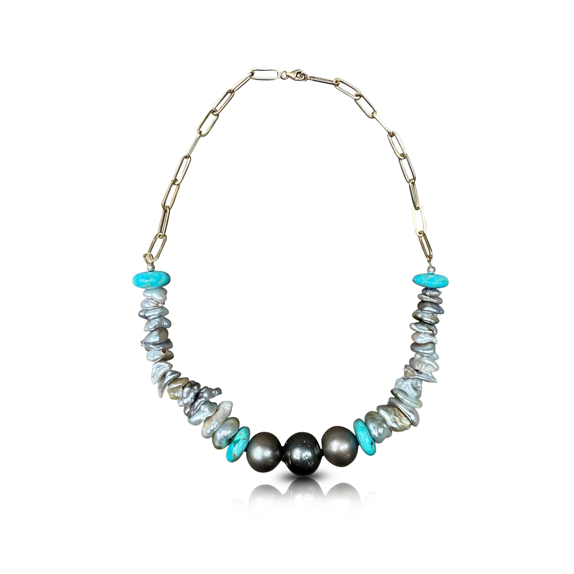 Tahitian and Keshi Pearl Necklace with Turquoise Rondelle Beads