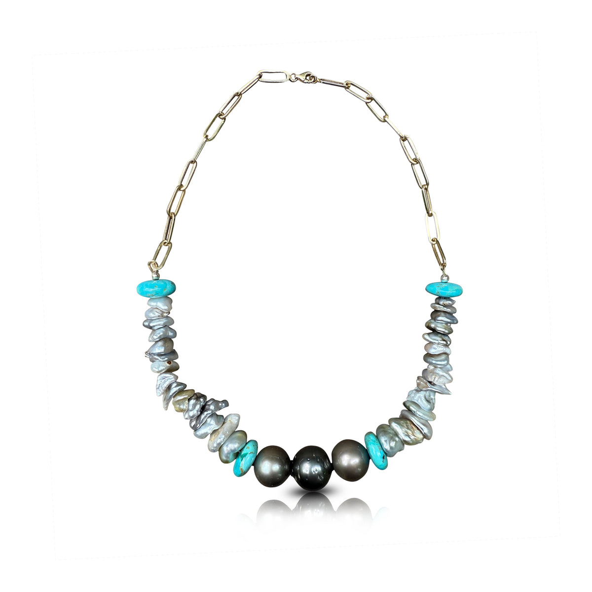 Tahitian and Keshi Pearl Necklace with Turquoise Rondelle Beads