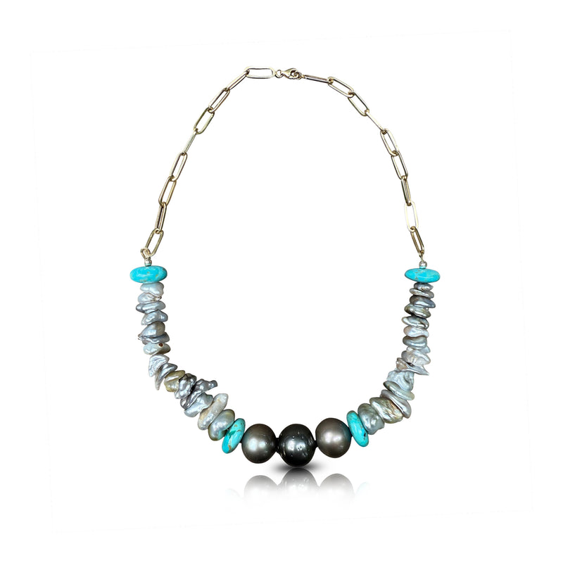 Tahitian and Keshi Pearl Necklace with Turquoise Rondelle Beads