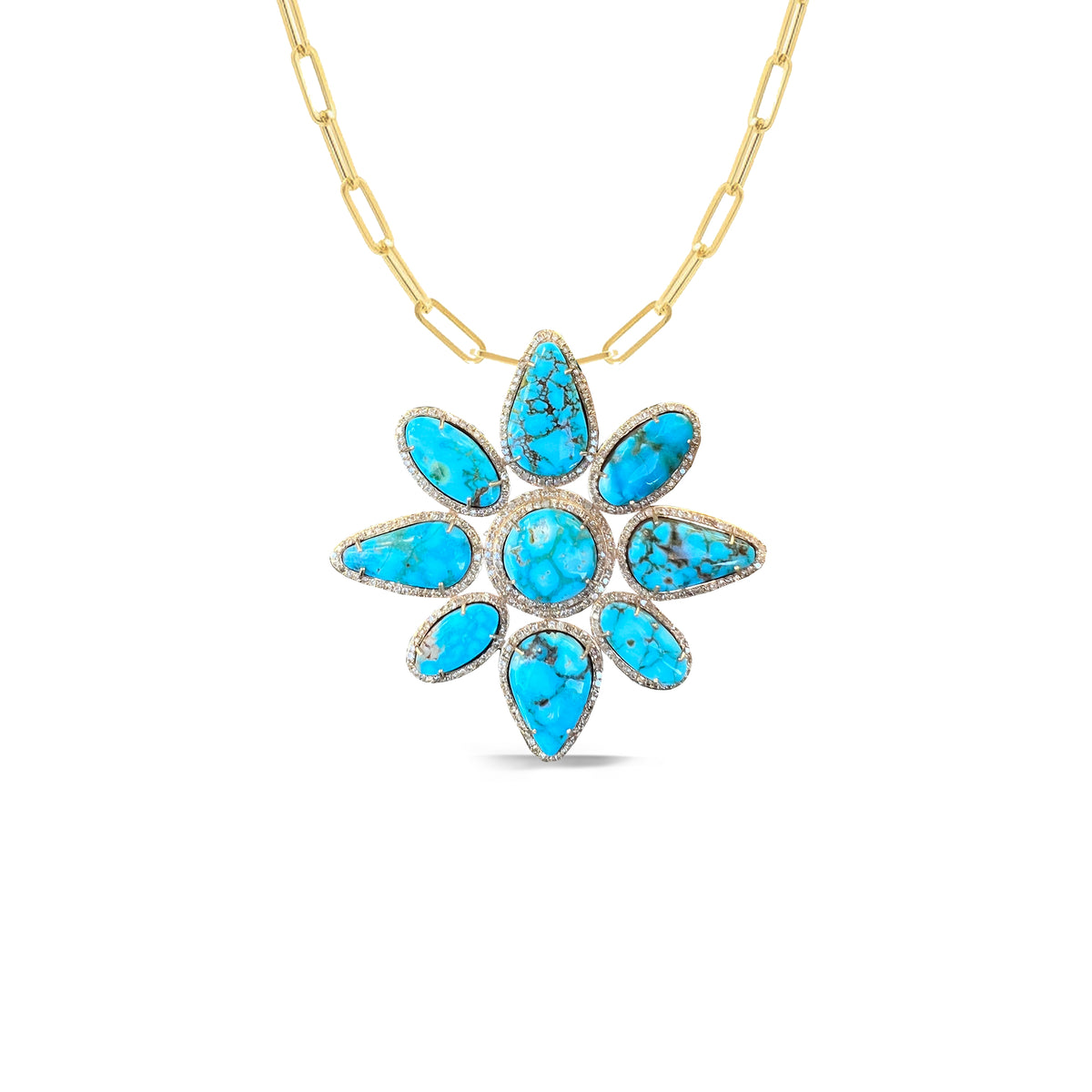 14k Gold Kingman Turquoise Flower Necklace