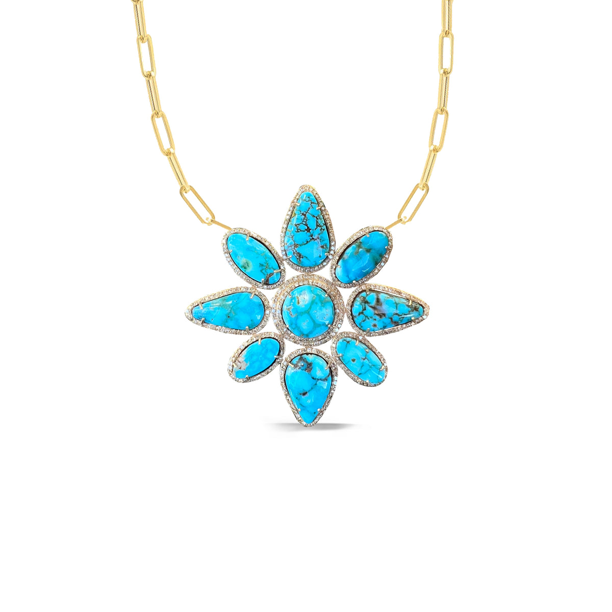 14k Gold Kingman Turquoise Flower Necklace