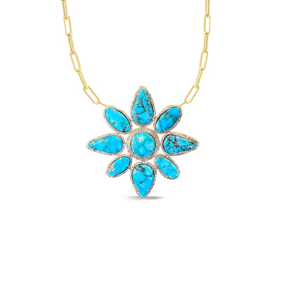 14k Gold Kingman Turquoise Flower Necklace
