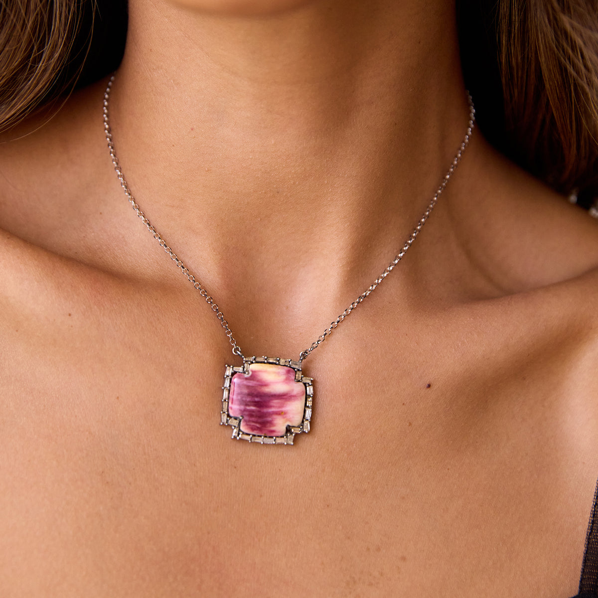 Silver Spiney Oyster Shell Cross Baguette Necklace