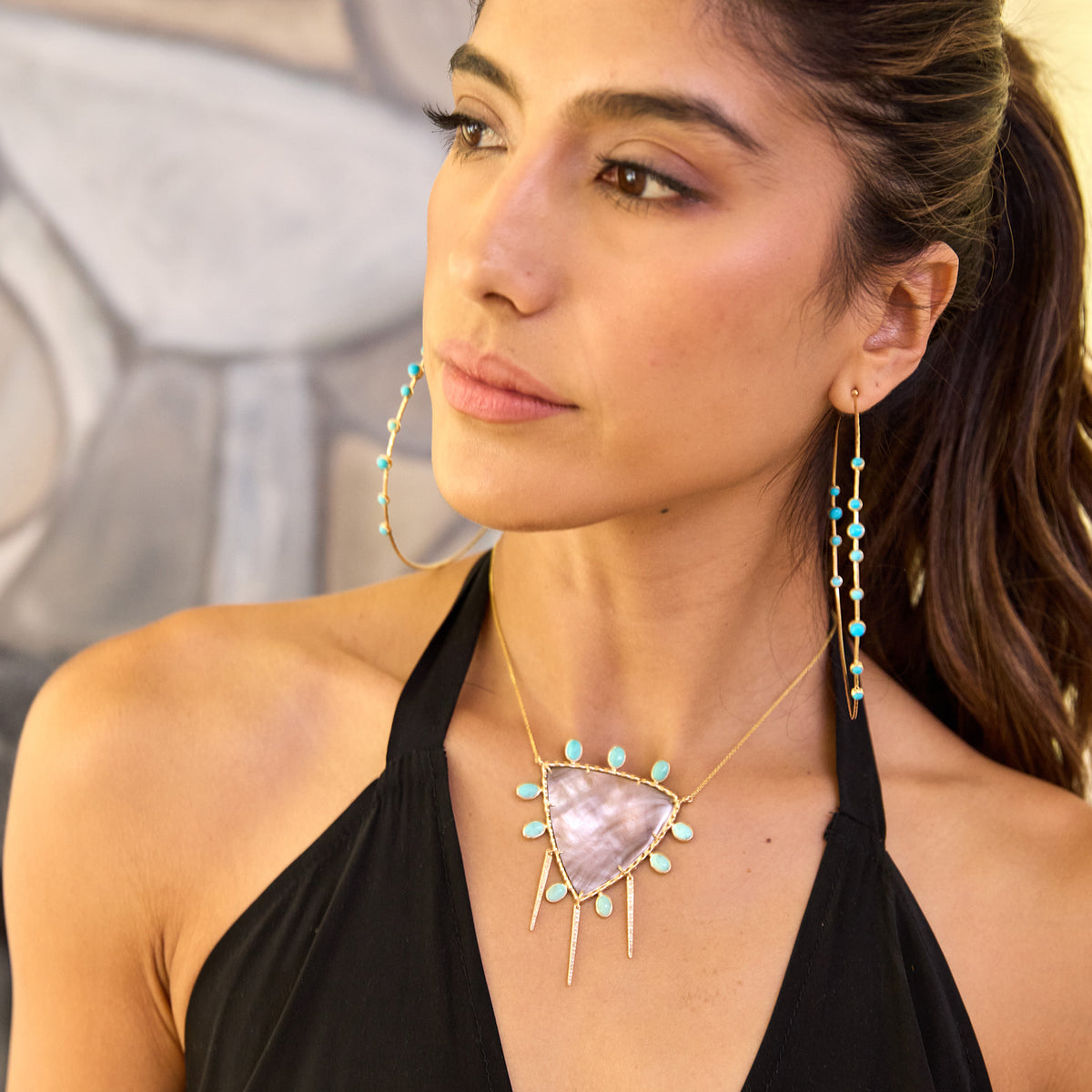 14k Mother of Pearl Shield and Turquoise Diamond Spike Necklace