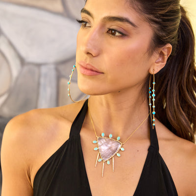 14k Mother of Pearl Shield and Turquoise Diamond Spike Necklace