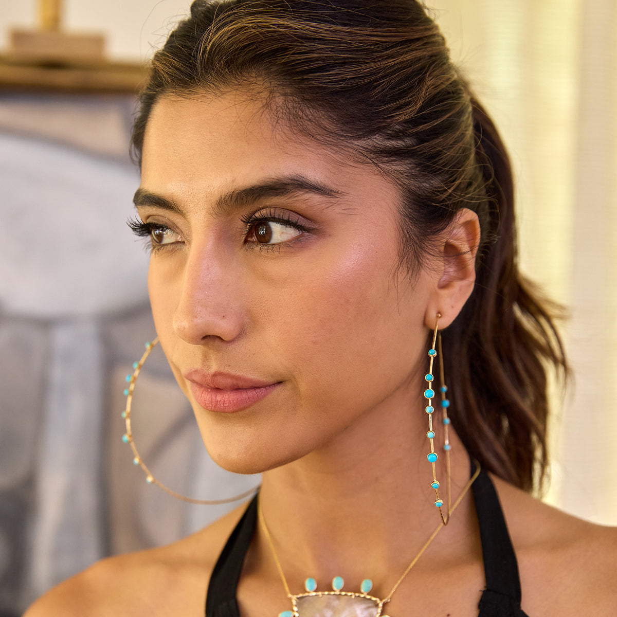 14k Turquoise Large Hammered Wire Hoops