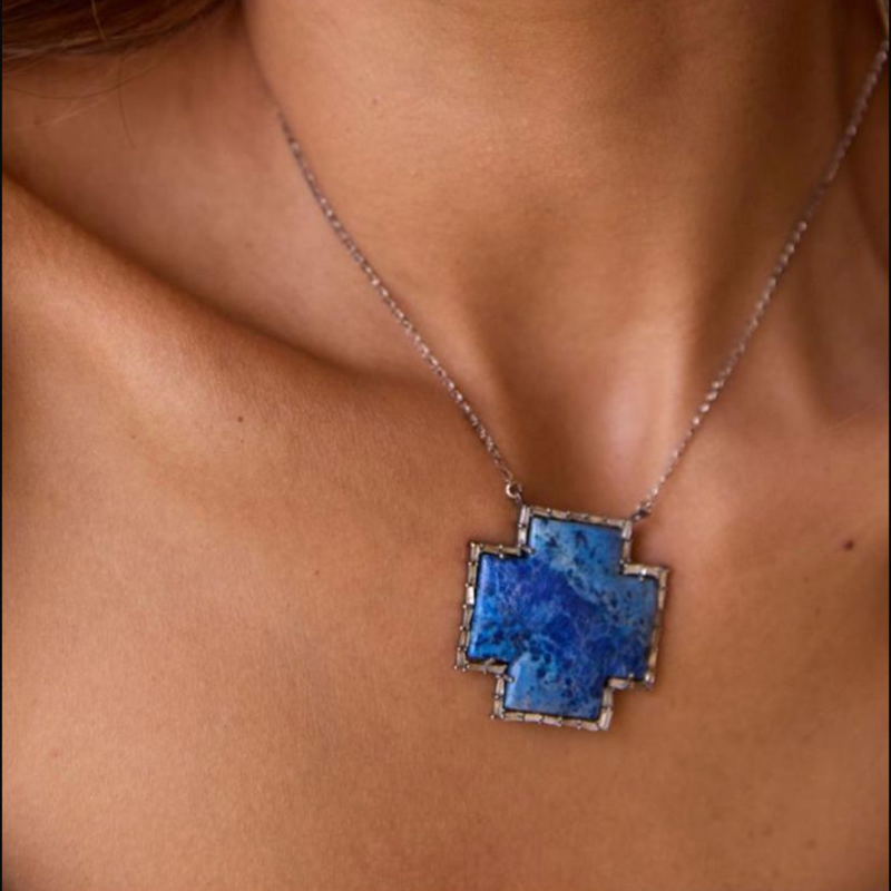 Silver Baguette Diamond Denim Lapis Cross Necklace