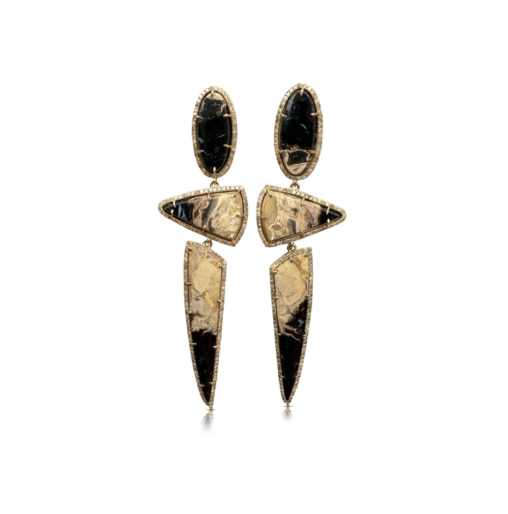14k Petrified Palm Wood Triple Drop Earrings