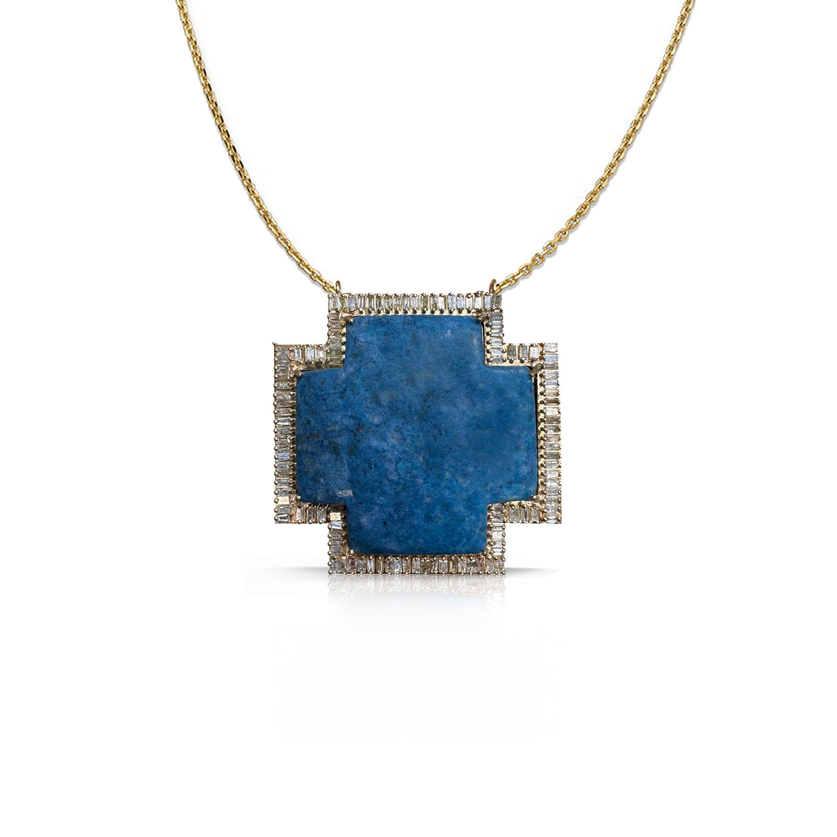 14k Large Lapis Baguette Cross Necklace