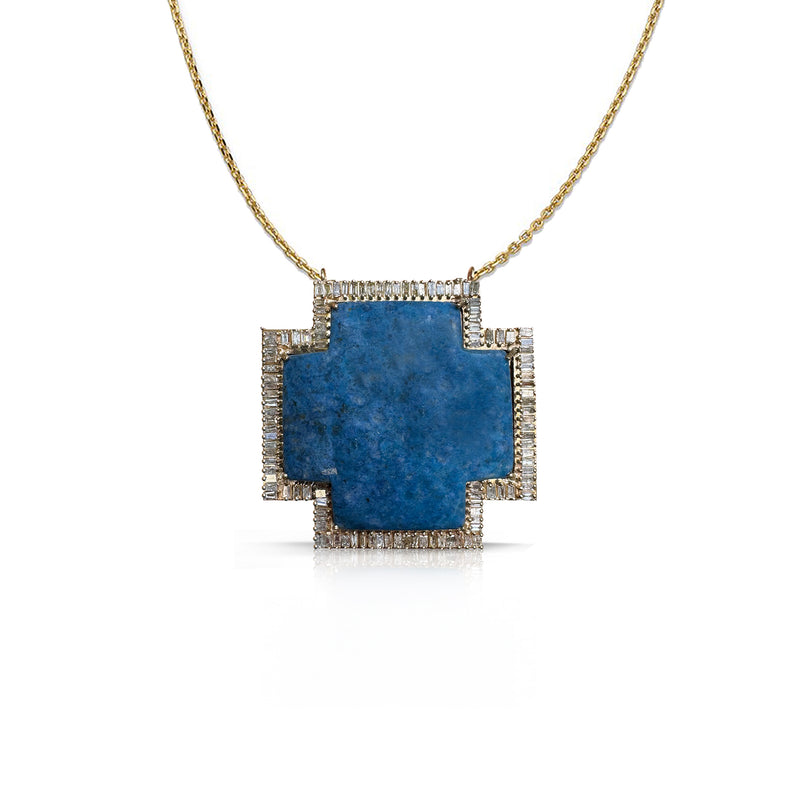 14k Large Lapis Baguette Cross Necklace