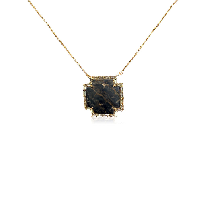 14k Mini Baguette Diamond Bronzite Cross Necklace