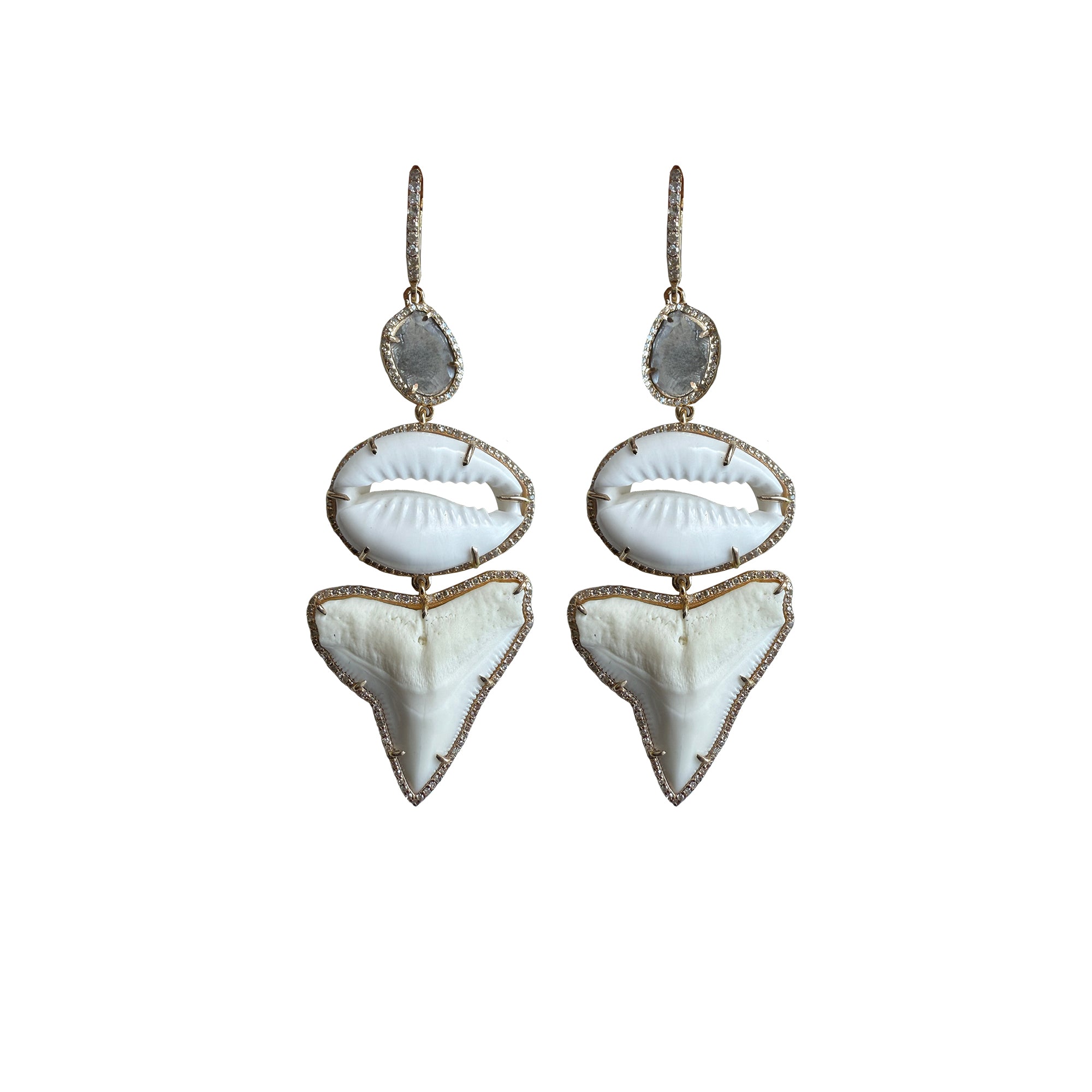 14k Sliced Diamond Cowrie Sharks Teeth Earrings