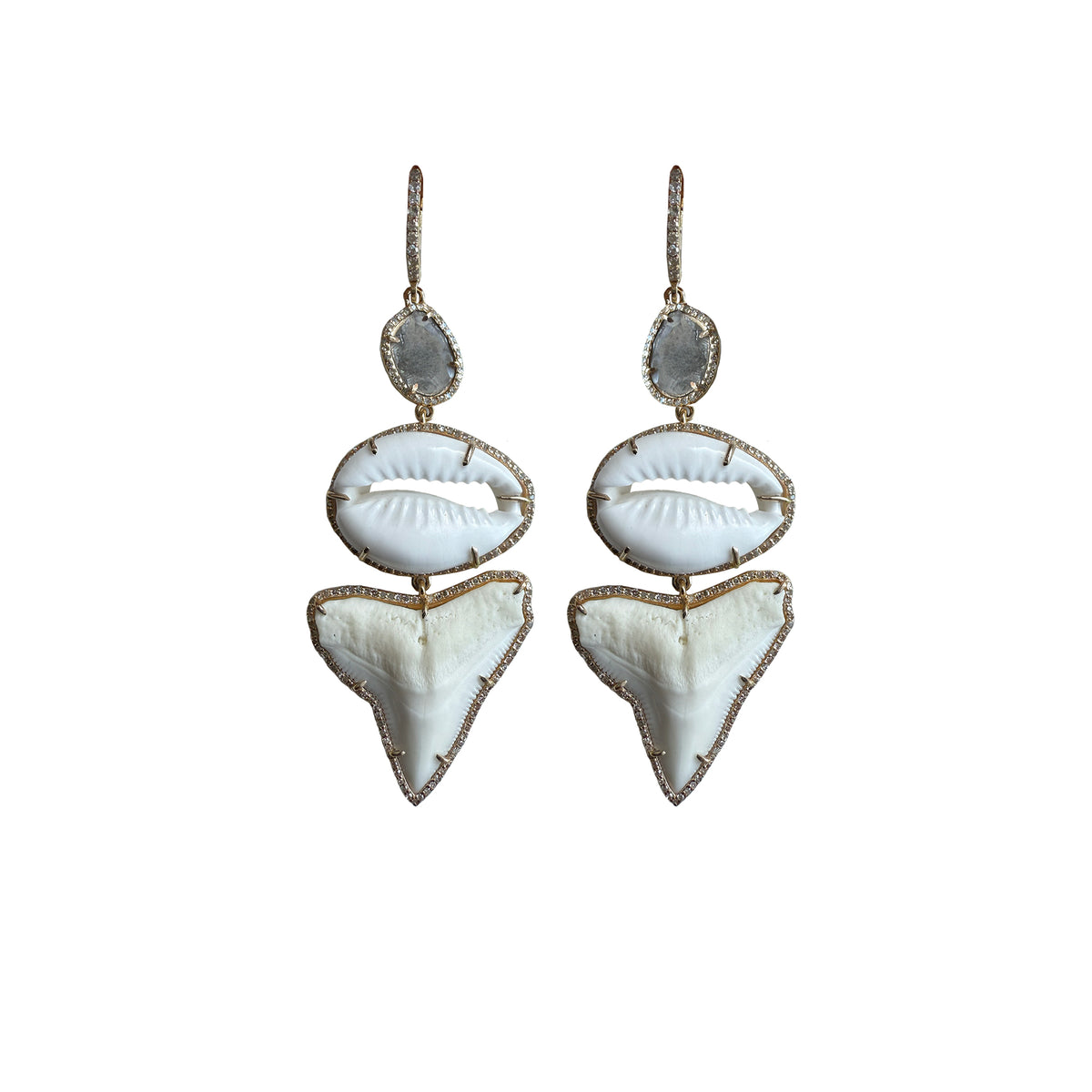 14k Sliced Diamond Cowrie Sharks Teeth Earrings