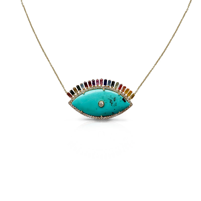 14k Turquoise Evil Eye Diamond + Sapphire Necklace