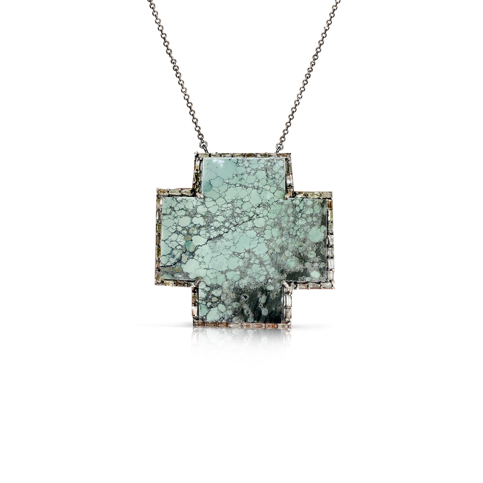 Large Silver Turquoise Baguette Cross Necklace