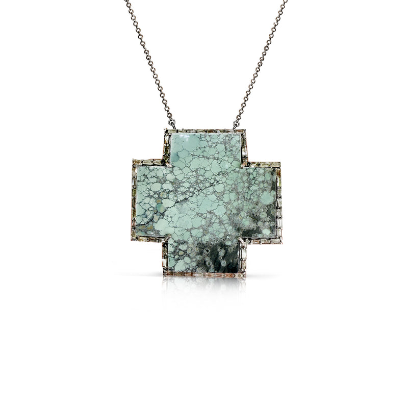 Large Silver Turquoise Baguette Cross Necklace