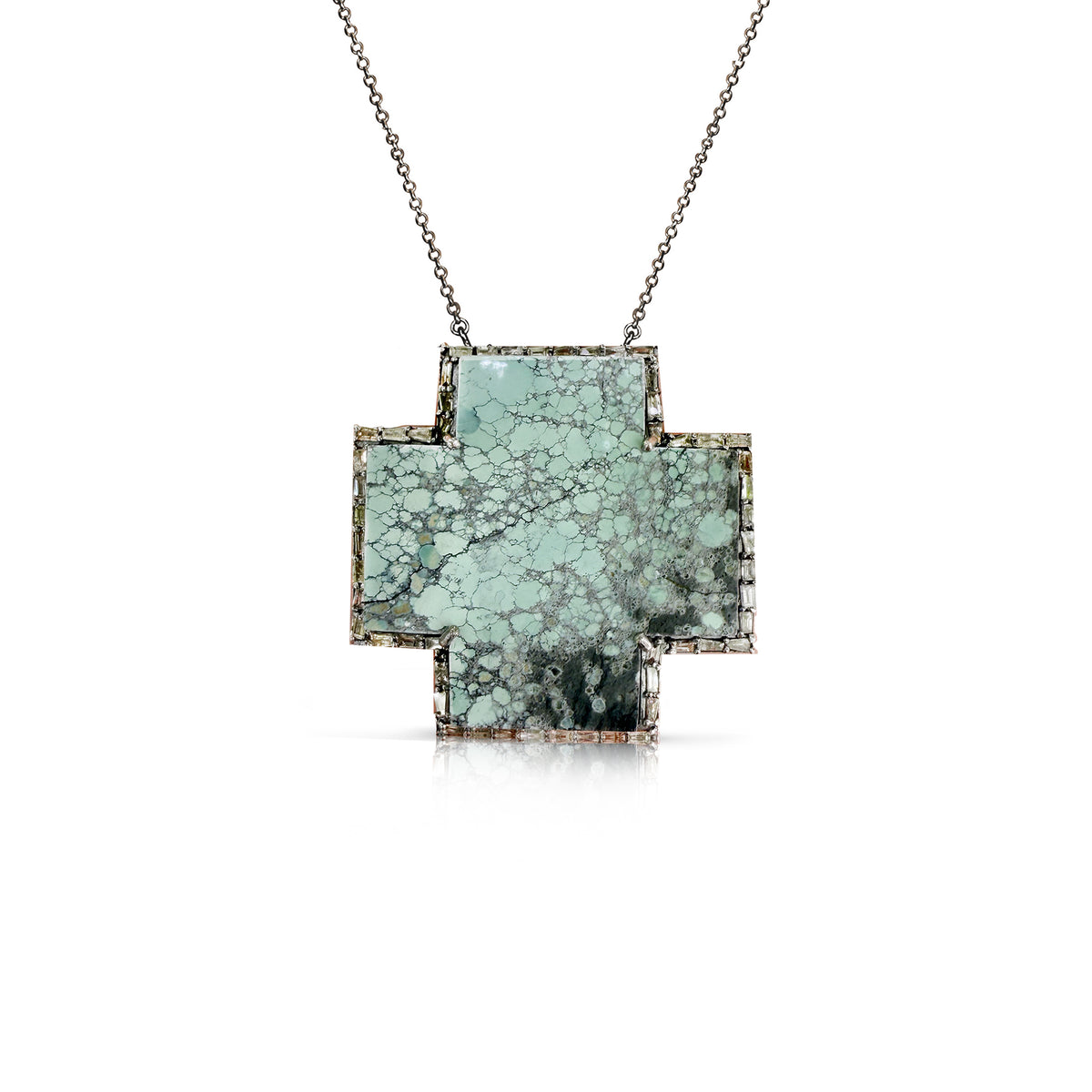 Large Silver Turquoise Baguette Cross Necklace