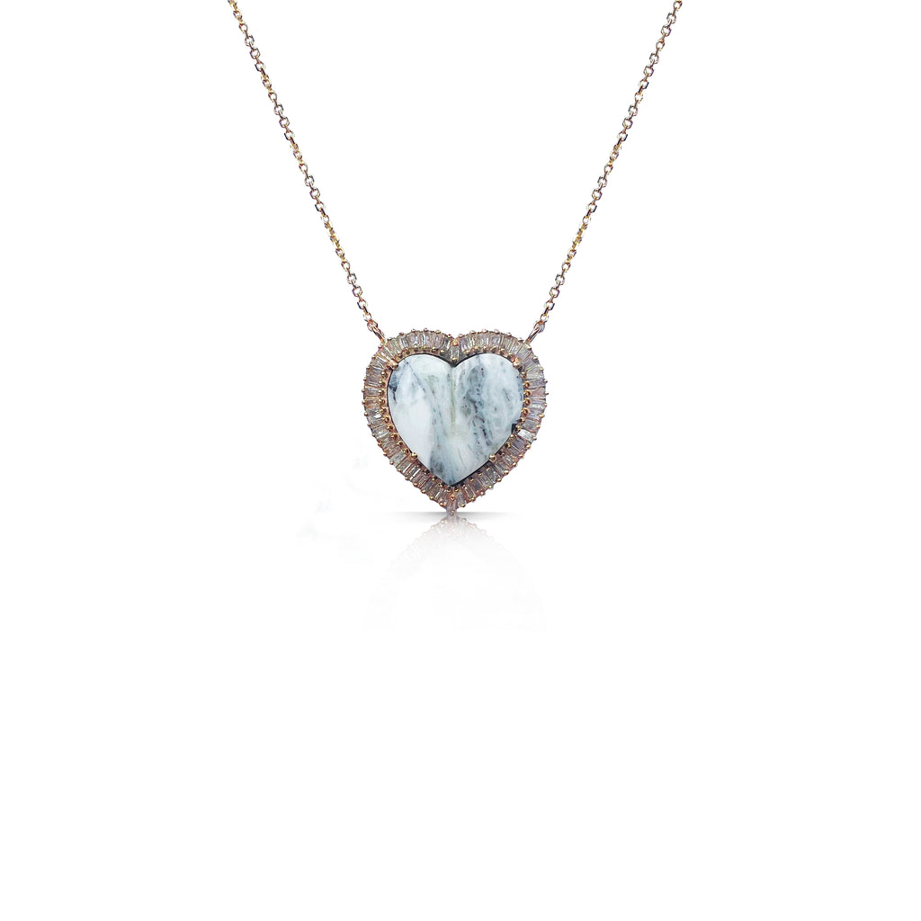 14k White Buffalo Baguette Heart Necklace