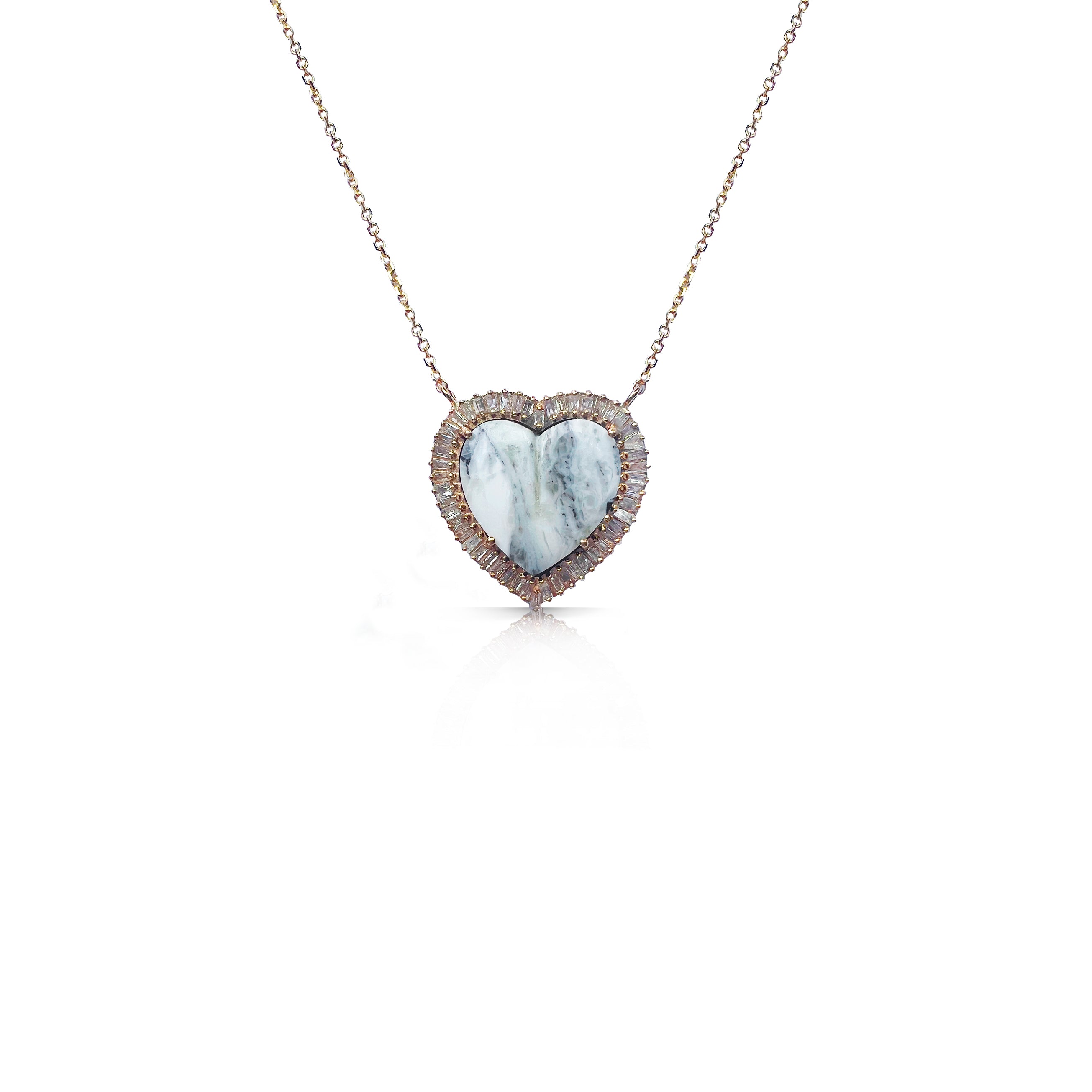 14k White Buffalo Baguette Heart Necklace