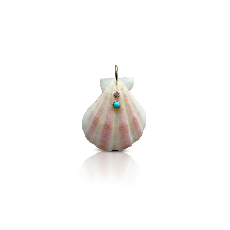 14k Pink Clam Shell + Bezel set turquoise and Pink Sapphire Pendant