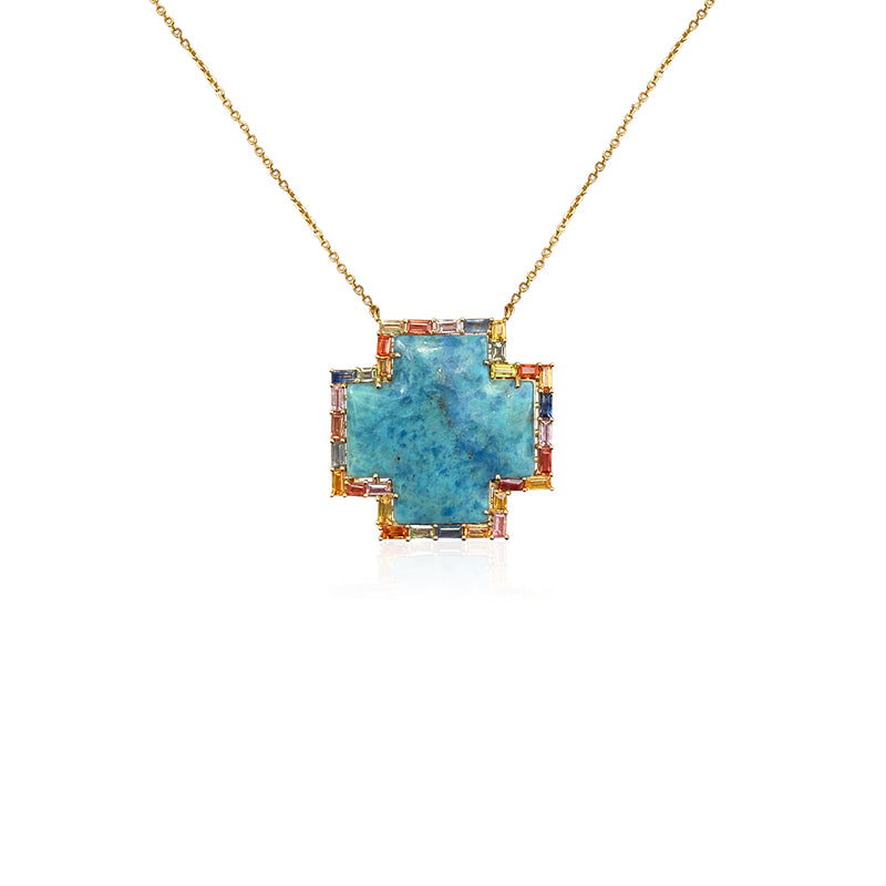 14k Baguette Rainbow Sapphire Denim Lapis Cross Necklace