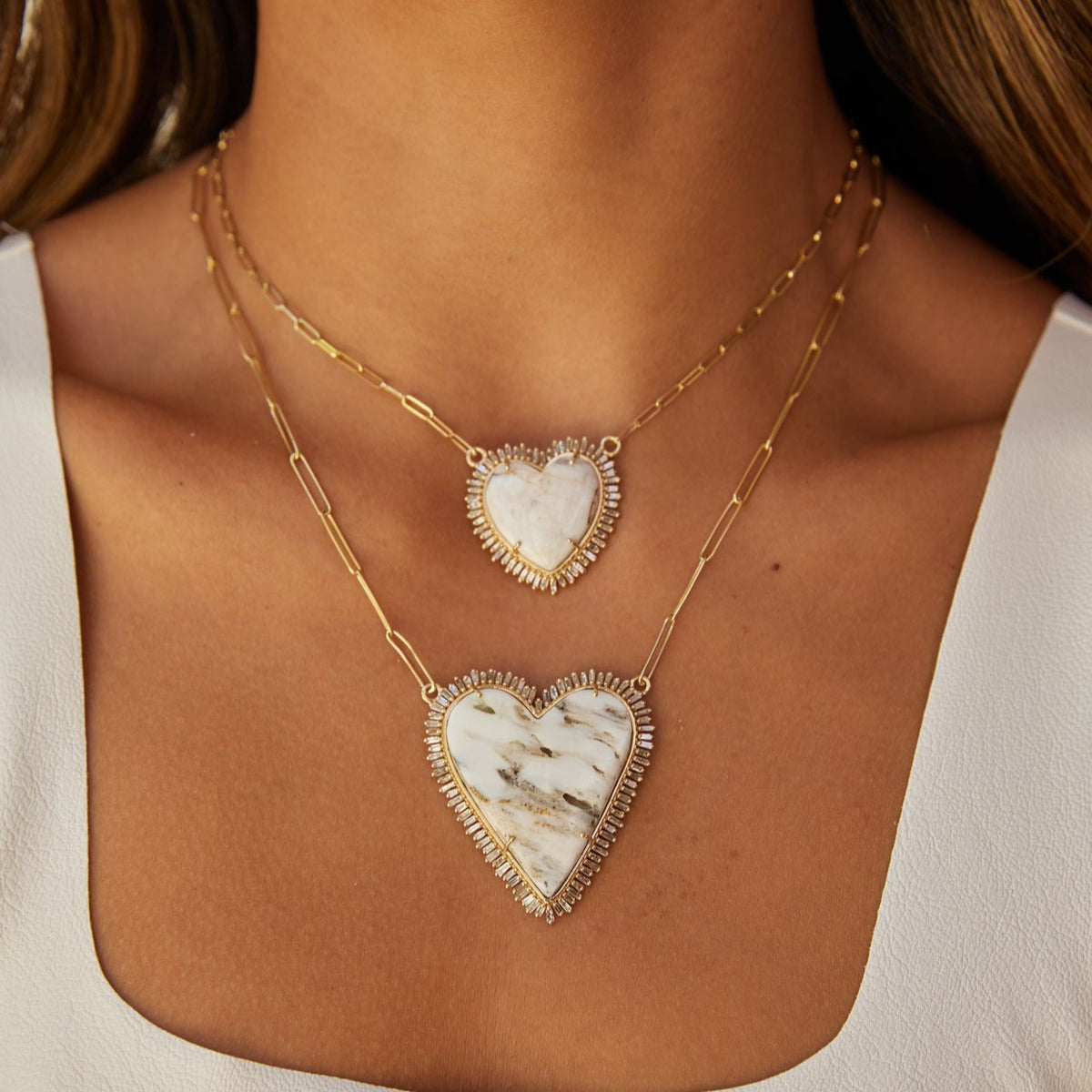 White Heart Necklace Large Gold