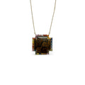 14k Petrified Peanut Wood Sapphire Baguette Cross Necklace