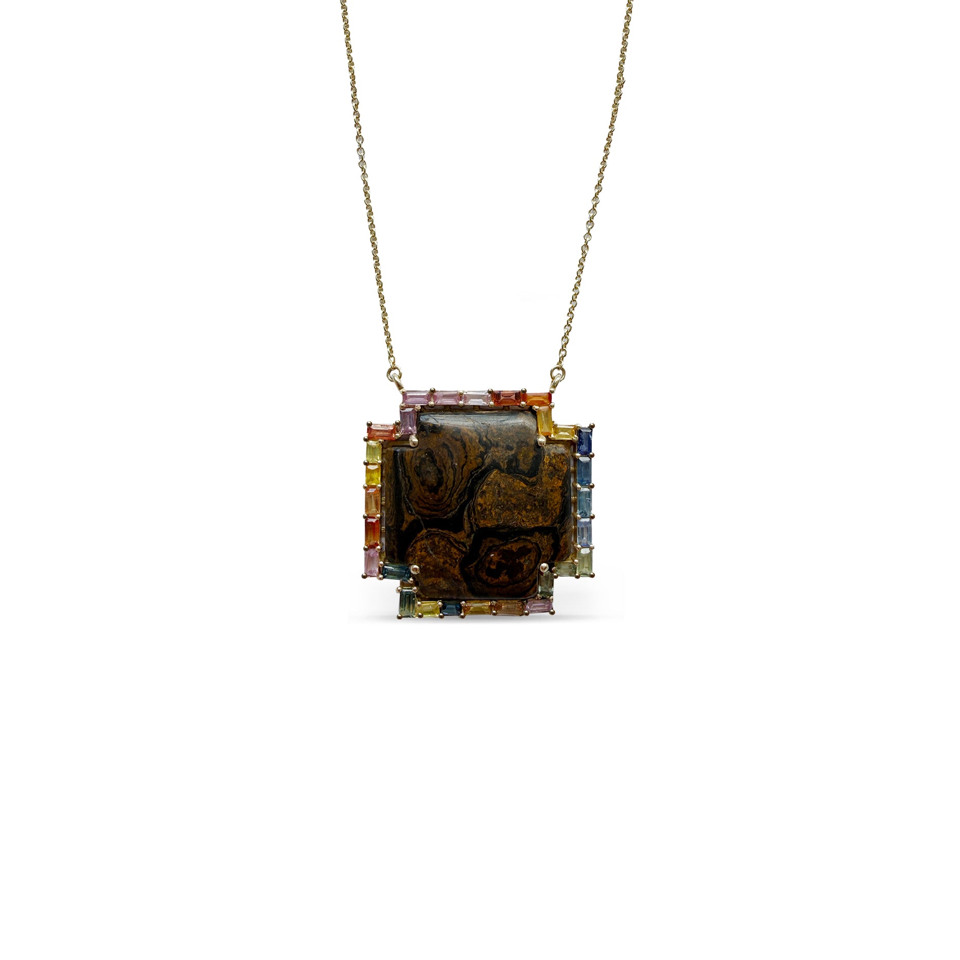 14k Petrified Peanut Wood Sapphire Baguette Cross Necklace