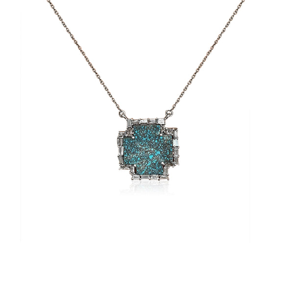 Mini Silver Dark Turquoise Cross Baguette Necklace