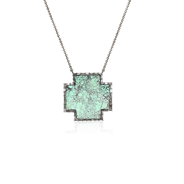 Large Silver Turquoise Baguette Cross Necklace