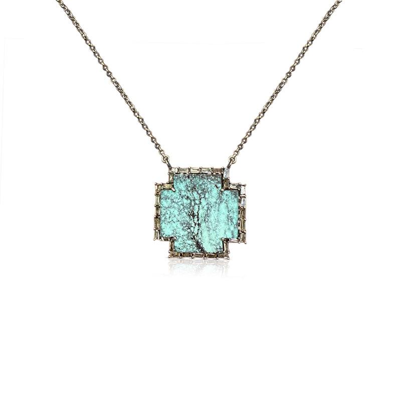 Small Silver Turquoise Cross Baguette Necklace