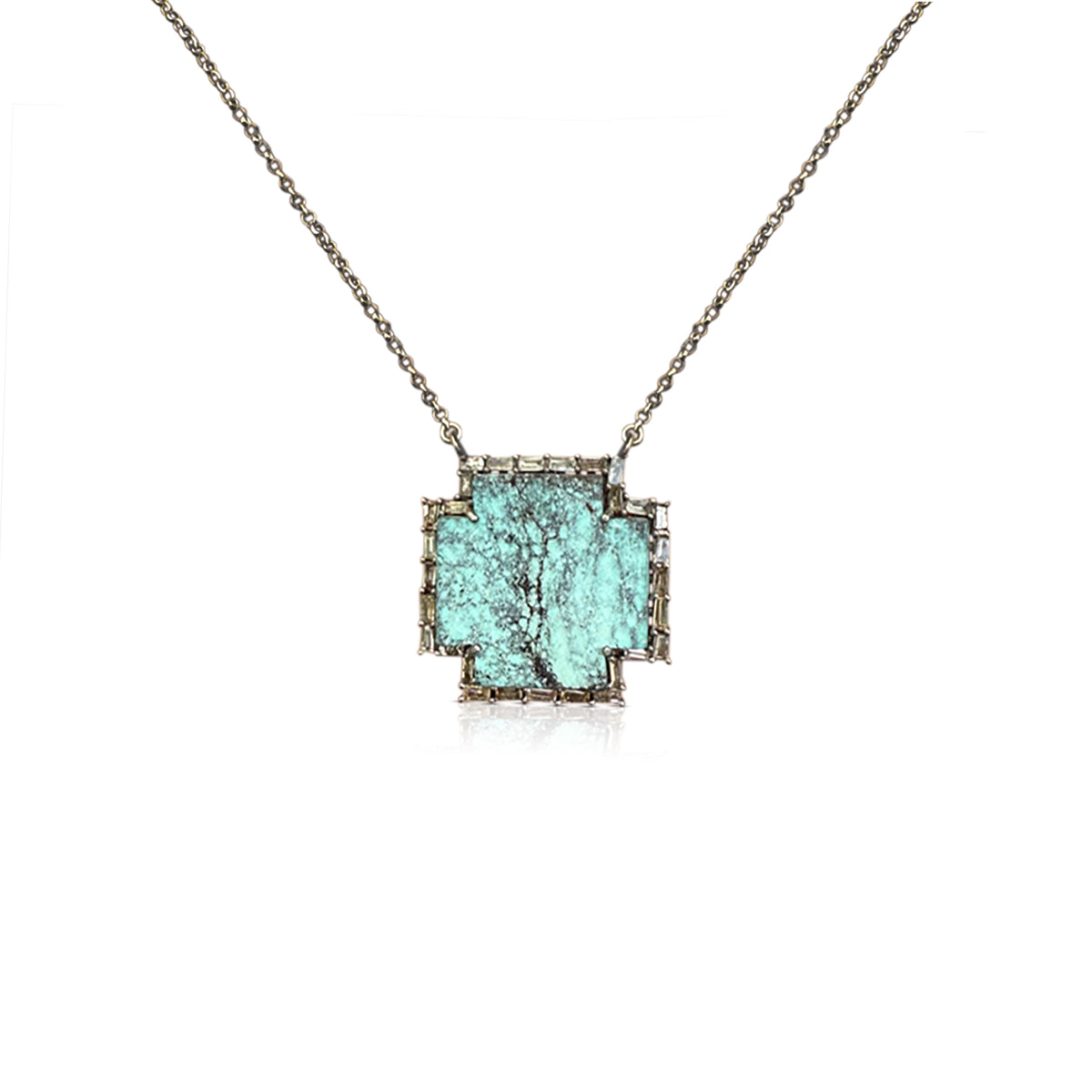 Small Silver Turquoise Cross Baguette Necklace