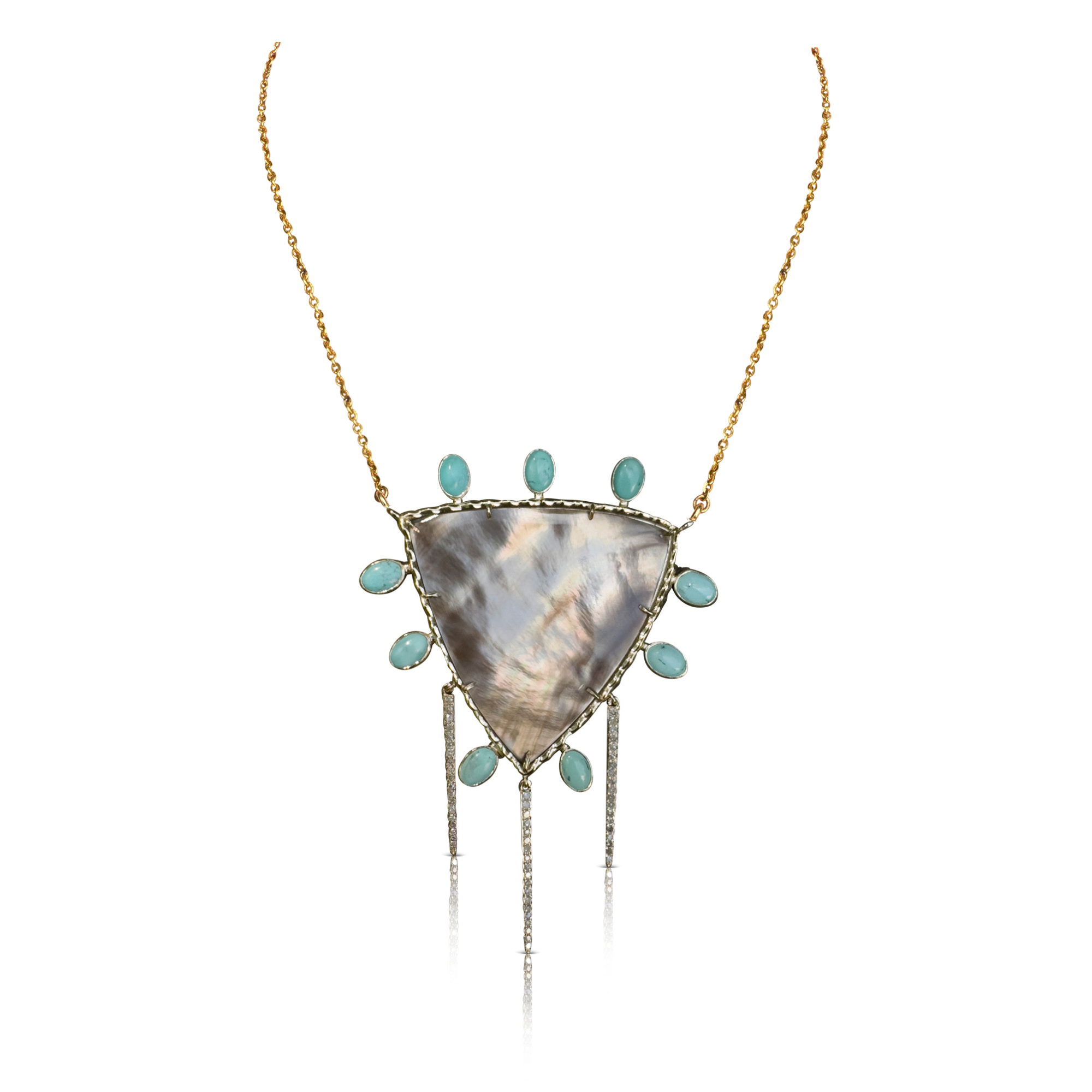 14k Mother of Pearl Shield and Turquoise Diamond Spike Necklace