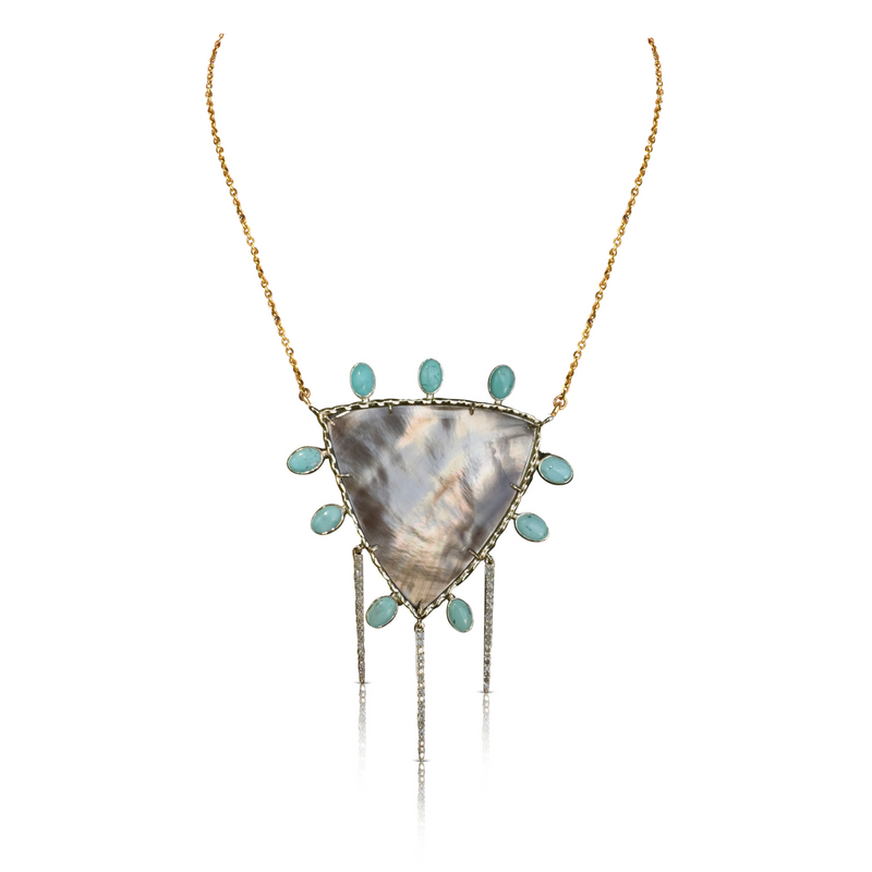 14k Mother of Pearl Shield and Turquoise Diamond Spike Necklace