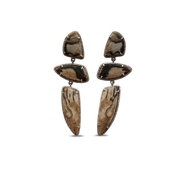 Petrified Wood Triple Drop Earrings