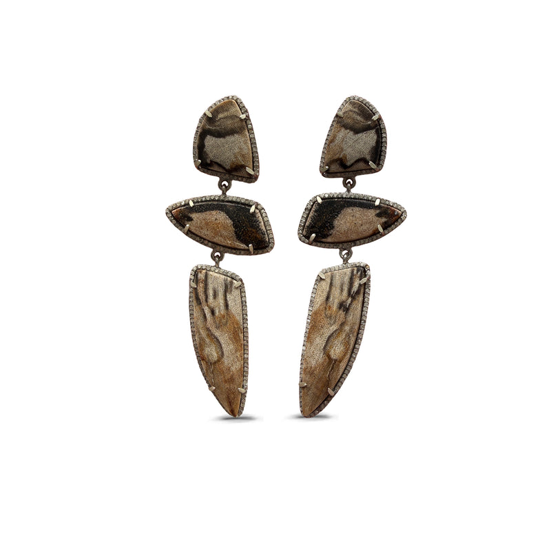 Petrified Wood Triple Drop Earrings