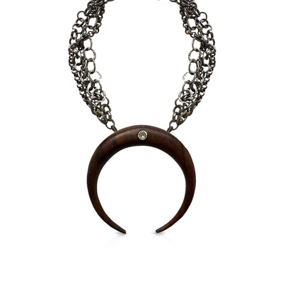 Wood Double Tusk Pendant Necklace on Multi Layer Chain