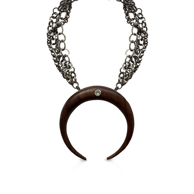 Wood Double Tusk Pendant Necklace on Multi Layer Chain