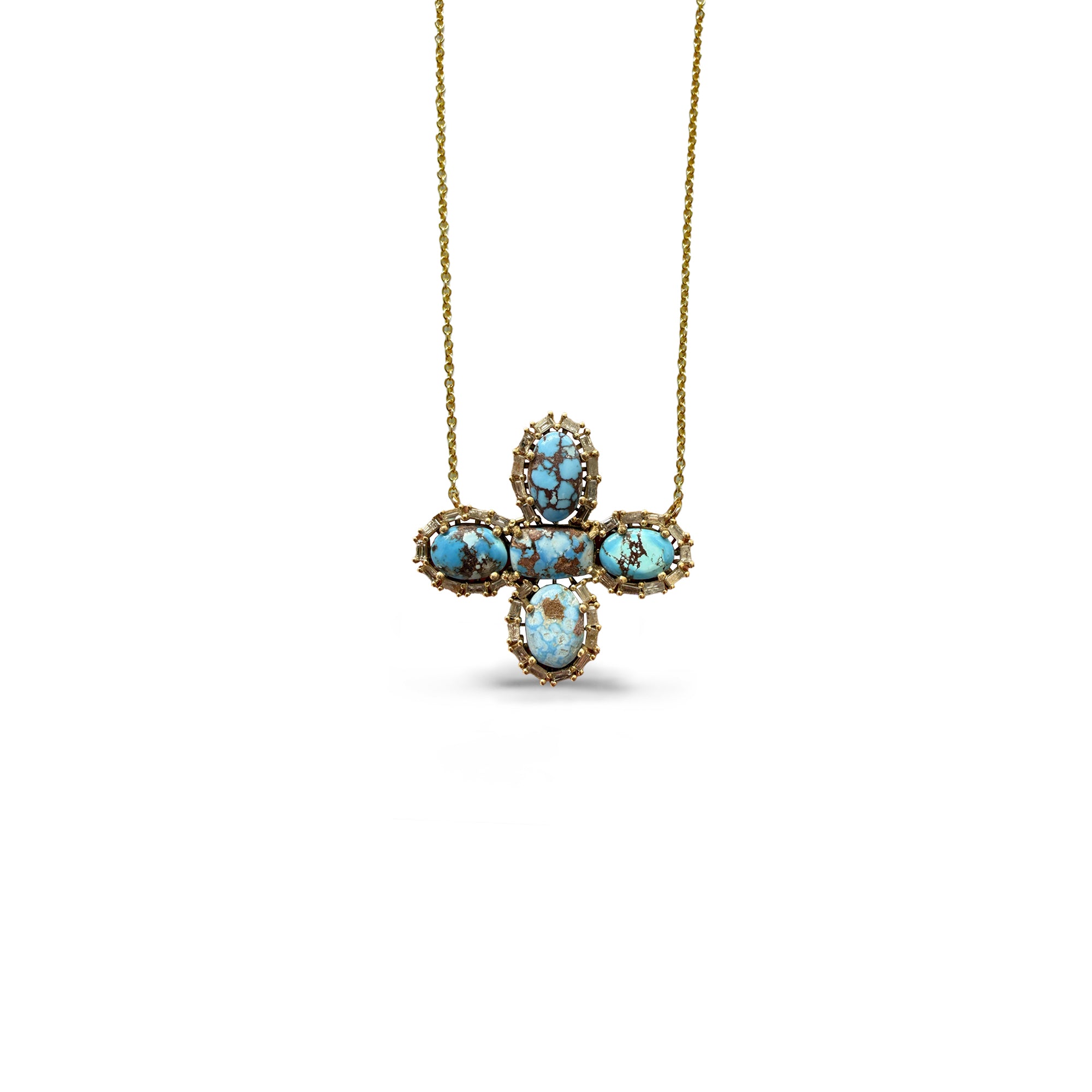 14k Golden Hills Turquoise Baguette Cross Necklace