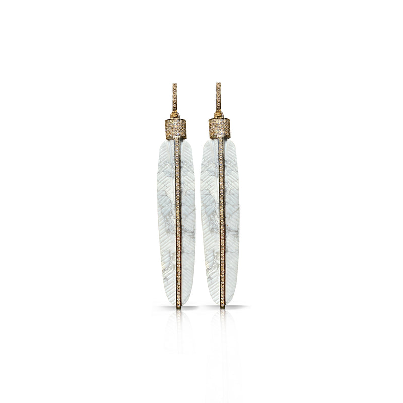 14k Carved Howlite Feather Earrings
