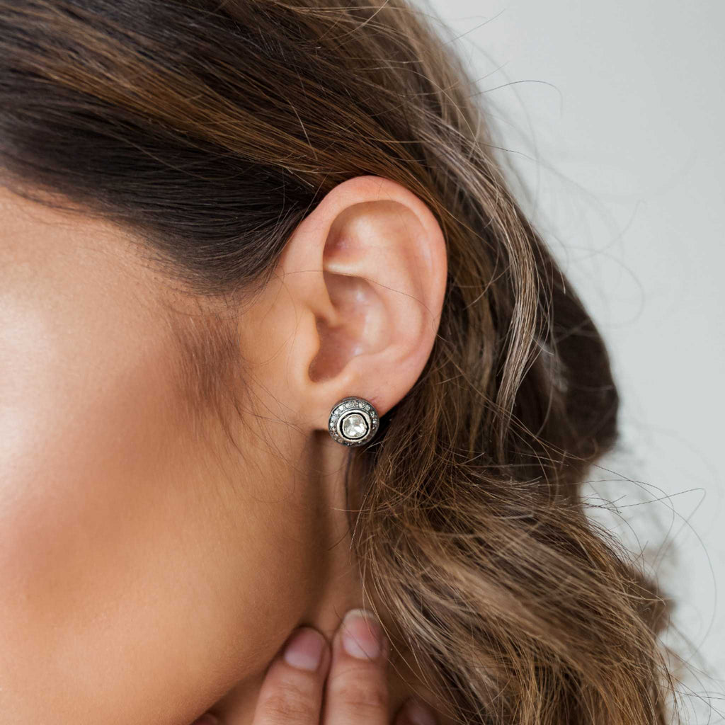 Sliced Diamond + Pave Stud Earrings Gold Plate
