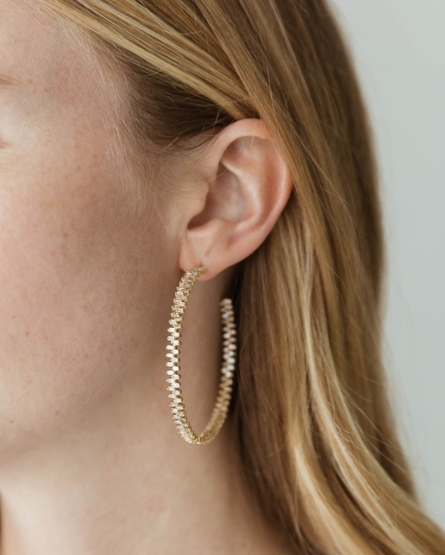 14K Baguette Diamond Hoops