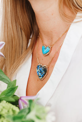 14k Azurite Turquoise Baguette Heart Charm Necklace