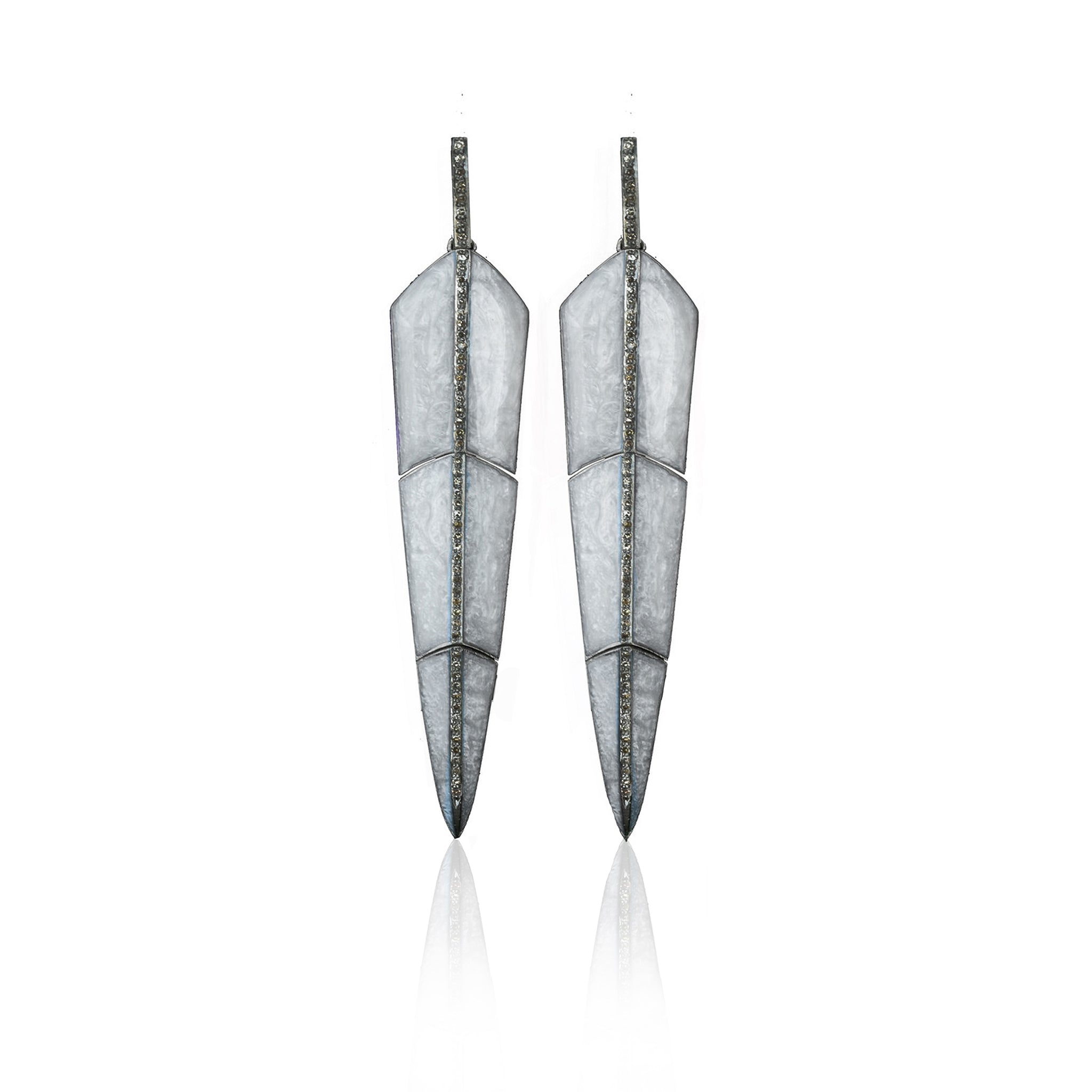 Pearl Grey Enamel Feather Earrings