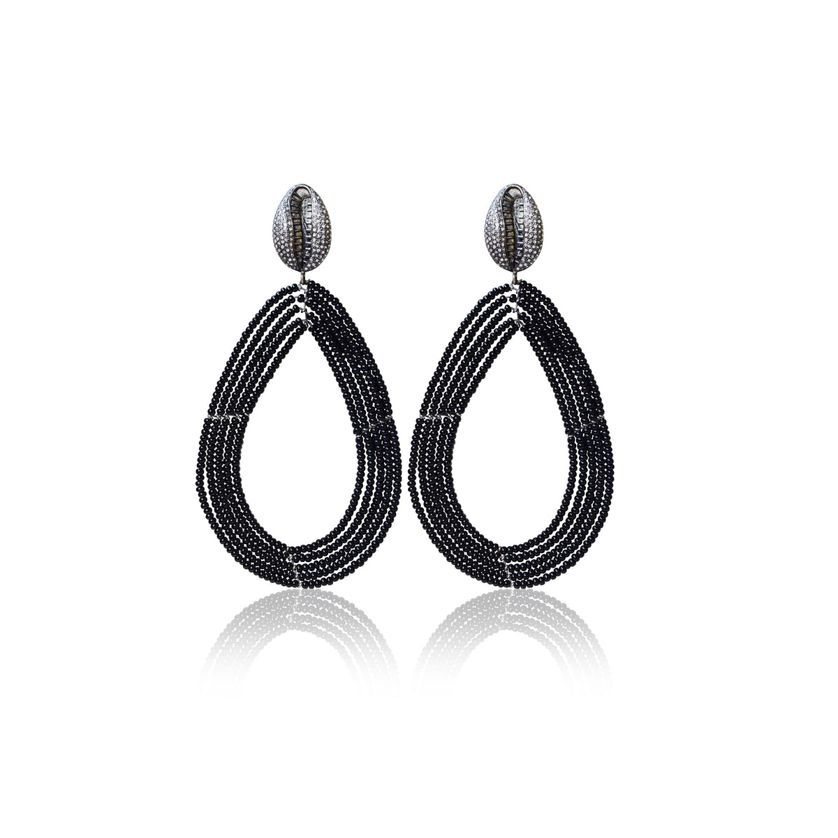 Black Beaded Cowrie Stud Earrings