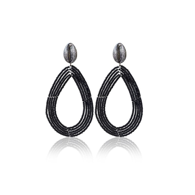 Black Beaded Cowrie Stud Earrings