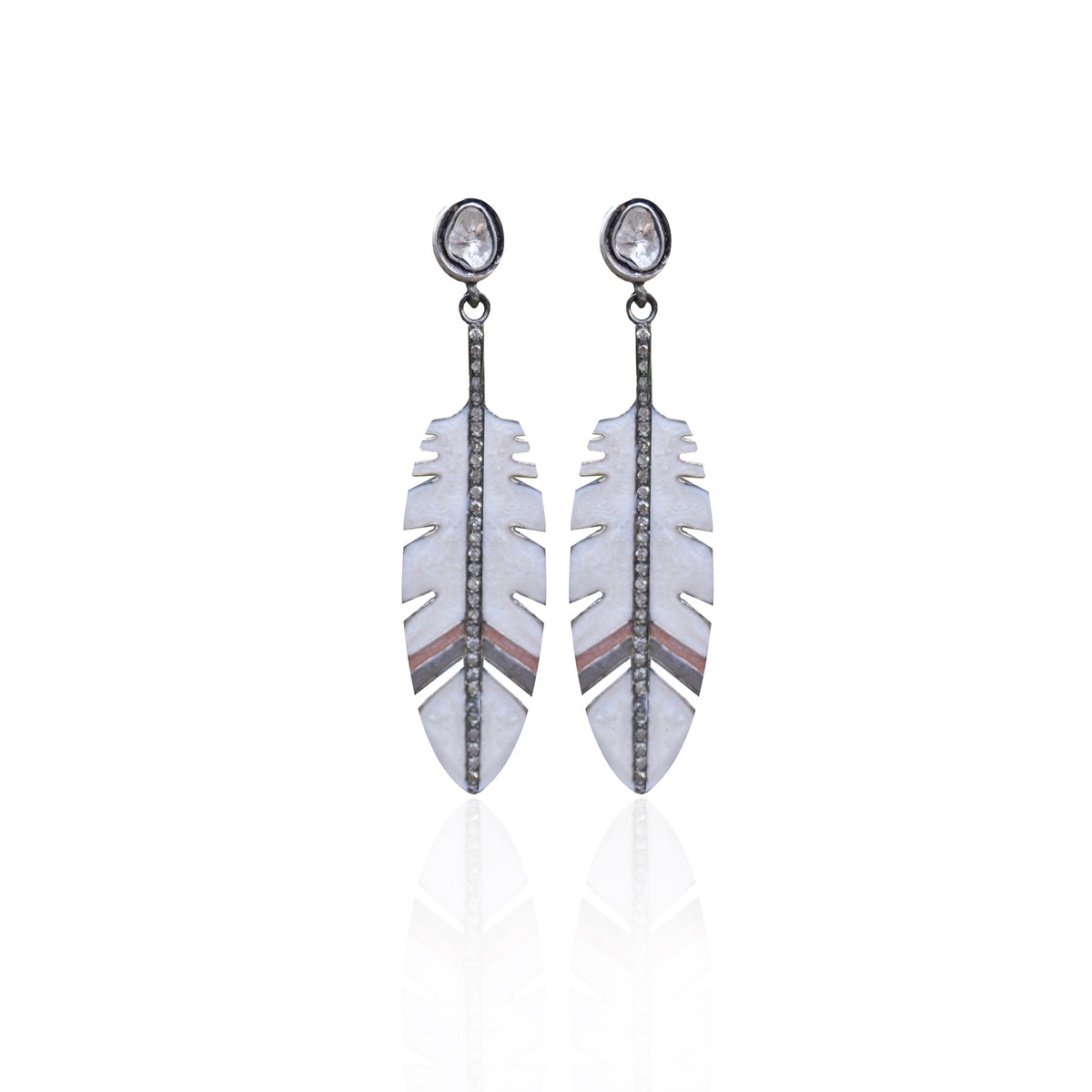 Sliced Diamond Enamel Feather Earrings
